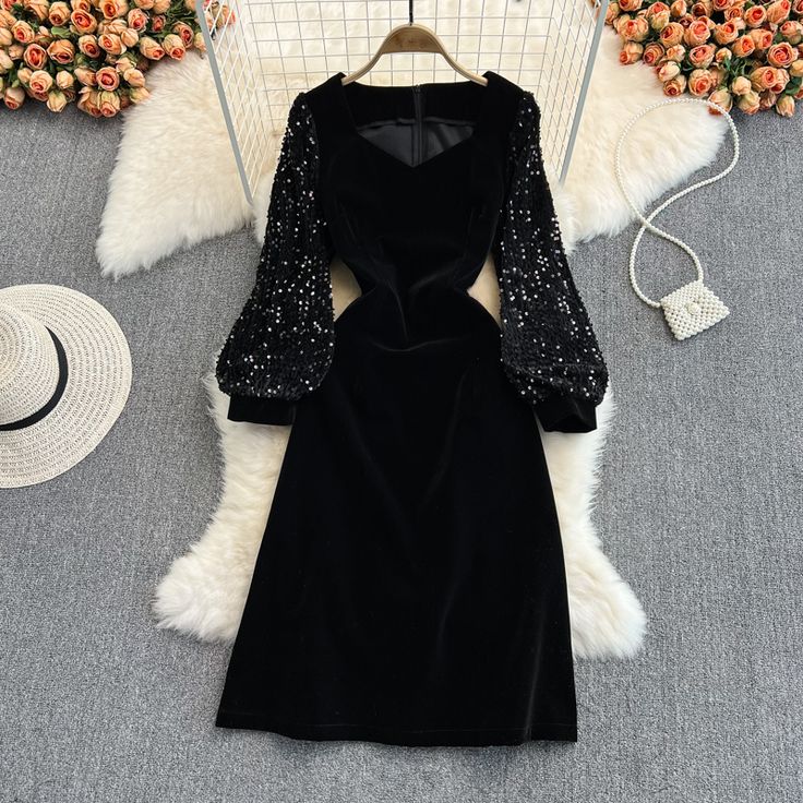 Black velvet sequins short dress fashion dressFabric: velvet, sequinsColor: blackSize(cm): S, M, L(1inch=2.54cm)S length 127cm bust 84cm waist 66cmM length 128cm bust 88cm waist 72cmL length 129cm bust 92cm waist 76cm&ltp&gtPlease check the size carefully when you choose items, thank you.&lt/p&gt&ltbr/&gt Velvet Sequin Dresses For Party Season, Party Season Velvet Dresses With Sequins, Knee-length Velvet Dress For Winter Party, Party Season Velvet Sequin Dresses, Winter Party Knee-length Velvet Dress, Winter Party Velvet Dress, Knee-length, Elegant Velvet Sequin Dress For Party, Party Velvet Dress With Sequins, Velvet Sequined Cocktail Dress