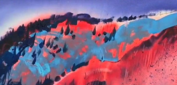 an abstract painting with blue, red and pink colors on the side of a mountain