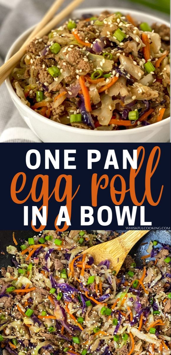 One pan egg roll in a bowl served in a bowl with chopsticks and being sautéed in a pan Telur Gulung, Healthy One Pot Meals, Eggroll In A Bowl, Egg Roll In A Bowl, Diner Recept, Comfort Food Recipes Dinners, Lunch Idea, Ground Turkey Recipes, Egg Roll