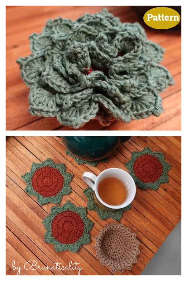 crocheted coasters and coffee cup cozying patterns