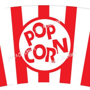 red and white striped popcorn bag with the word pop corn on it