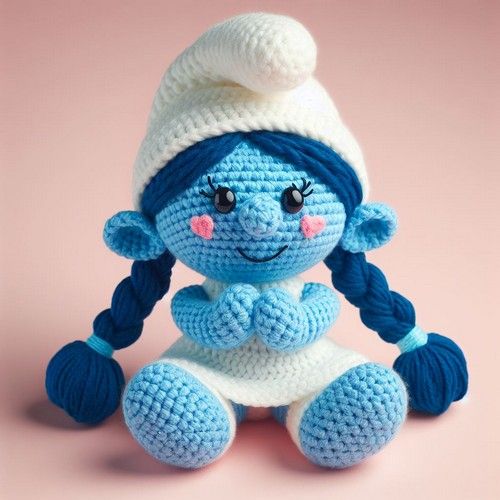 a crocheted blue and white stuffed toy sitting on top of a pink surface