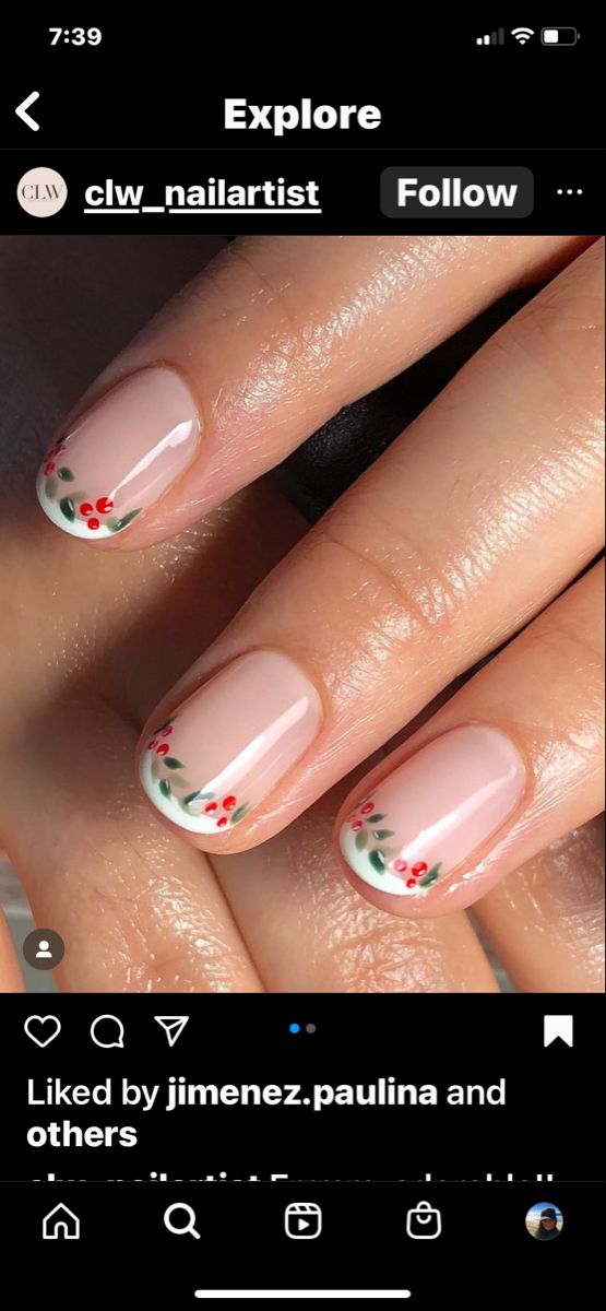 French mani with holly French Tip With Holly, Holly French Tip Nails, Christmas Themed French Tip Nails, Holly Berry Nail Art, Holly Nails Christmas, Holly Christmas Nails, Christmas Nails Holly, French Manicure Christmas Nails, Holly Berry Nails