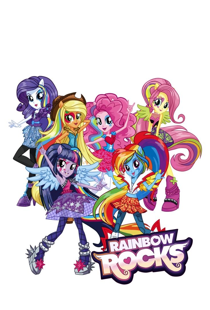 the rainbow rocks logo is shown with many different colors and characters on it's side