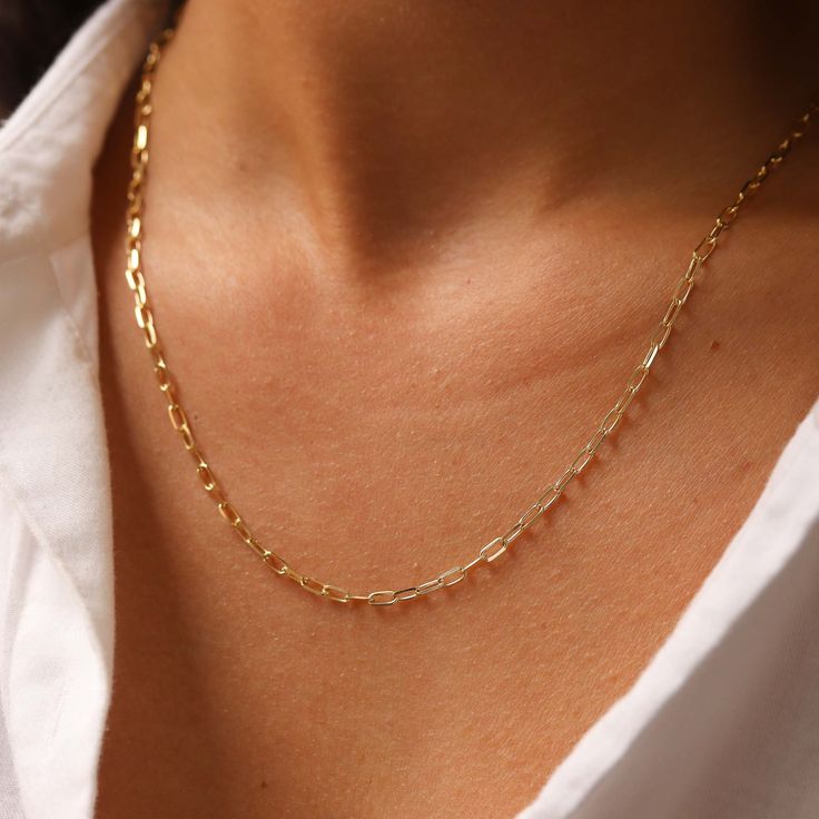 Solid 14K Gold Paper Clip Chain Necklace, Rectangle Long Link Necklace D E T A I L S * Gold KT: 14K Solid Gold * Gold Color: Yellow Gold * Chain Lengths: 6.5", 7", 7.5", 14", 16", 18", 20", 22", 24" * Chain Width: 1mm, 1.8 mm, 2.7mm, 3mm * Chain Style: Paper Clip S H I P P I N G & R E T U R N S * Ready to Ship in 1-2 Business Days * FREE shipping on all U.S. orders  * Packed in labeled gift box C O N T A C T Contact us with any inquiries by Etsy convo! S H O P Check out my shop https://www.etsy. Rectangular Box Chain Necklace In Yellow Gold, Rectangular Yellow Gold Cable Chain Jewelry, Yellow Gold Rectangular Cable Chain Jewelry, Yellow Gold Jewelry With Cable Chain In Rectangular Shape, Dainty Rectangular Jewelry With Cable Chain, Elegant 14k Gold Rectangular Chain Necklace, Yellow Gold Rectangular Cable Chain Necklaces, Yellow Gold Rectangular Cable Chain Necklace, Rectangular Yellow Gold Necklace With Cable Chain