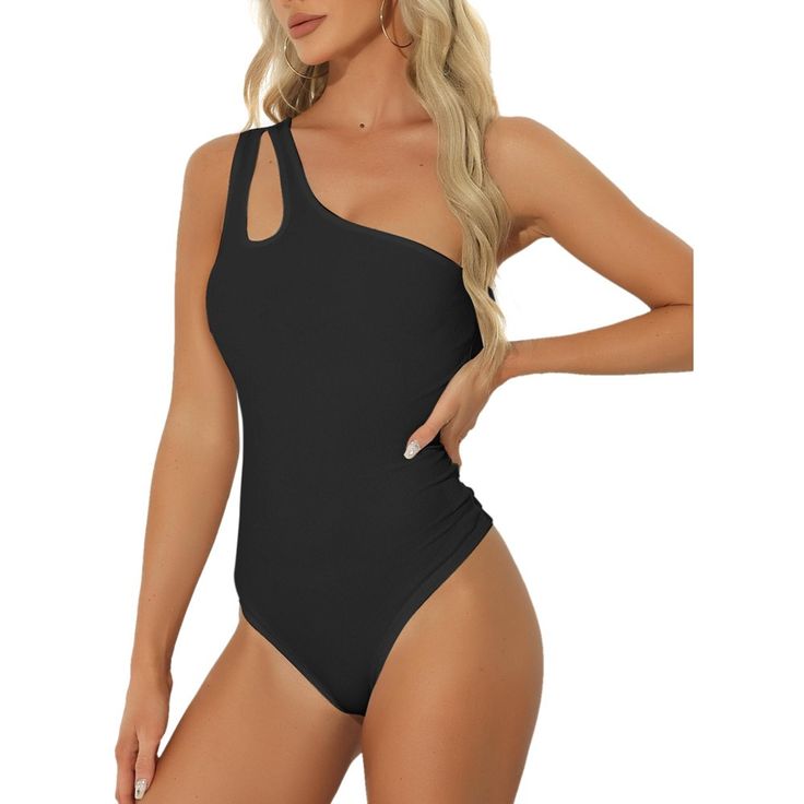 This gorgeous bodysuit top is a true fashion masterpiece, combining several chic design elements that come together to create a stunning look. The one-shoulder style adds a touch of asymmetry and interest, while the cut-out details add a hint of boldness. The leotard shirt design creates a sleek and streamlined silhouette, and the bodysuit fit ensures a perfect fit every time. Flat buttons at the crotch make it easy to wear, while the stretchy fabric ensures maximum comfort. Whether you're dress Womens Leotards, Tank Top Bodysuit, One Piece Clothing, Bodysuit Top, Bodysuit Black, Workout Tank Tops, Black Bodysuit, Everyday Wardrobe, Black Media