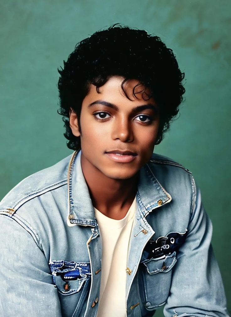 a young man with curly hair wearing a jean jacket and white t - shirt sitting in front of a green background