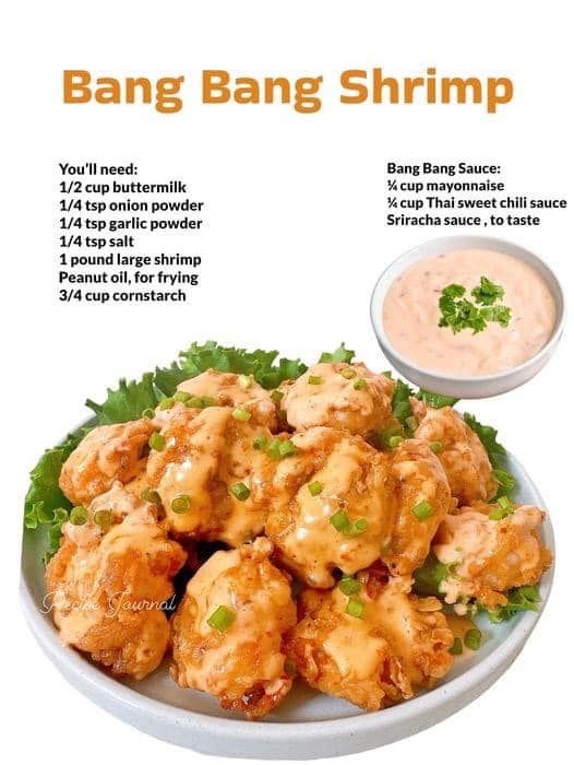 an advertisement for bang bang shrimp on a white plate