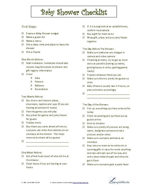 the baby shower checklist is shown in this printable version, with instructions to help you