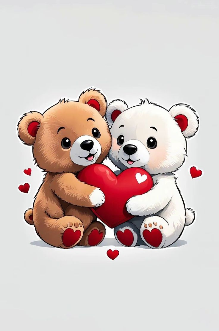 two teddy bears sitting next to each other holding a heart