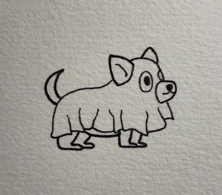 a drawing of a small dog with big eyes and tail, standing in front of a white wall