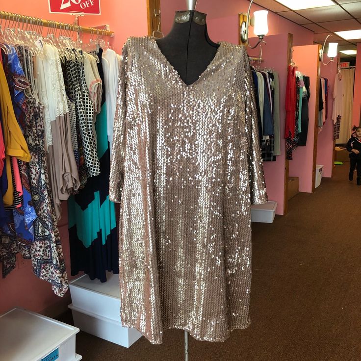 Glamorous Gold Party Dress ... *Small Hole In Neckline* Dressy V-neck Holiday Dresses, Dressy Sequin V-neck Dress For Party Season, V-neck Sequin Dress For Spring Evenings, Dressy Sequined V-neck Dress, Dressy V-neck Sequin Dress, Dressy V-neck Dress With Sequins, Holiday V-neck Evening Dress For Night Out, Dressy V-neck Sequin Dress For Party Season, Gold V-neck Midi Dress For Party