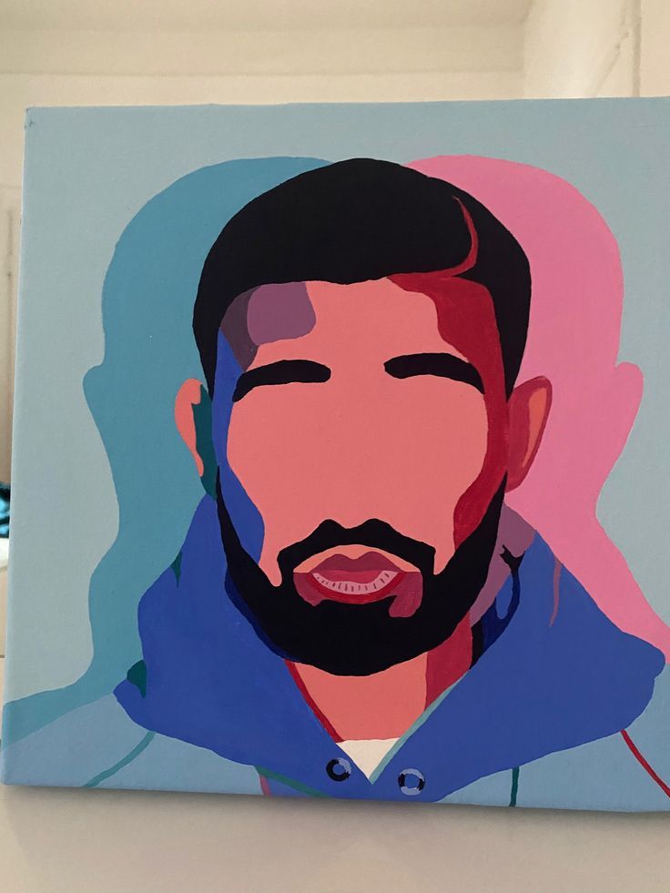 a painting of a man's face on a blue and pink background