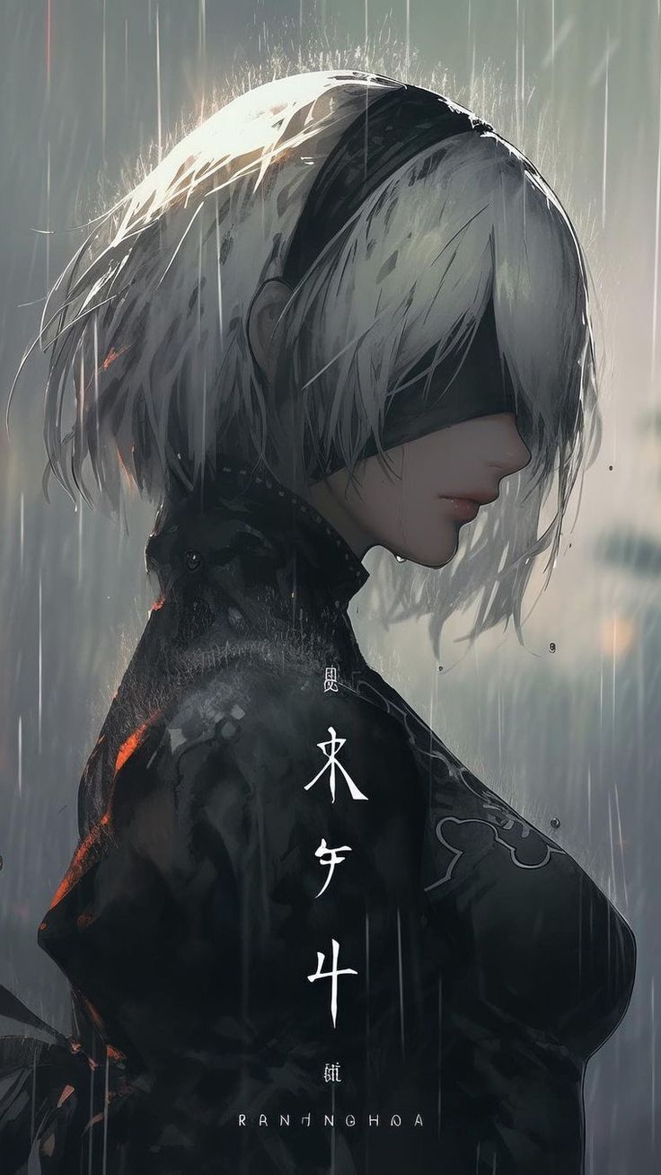 an anime character standing in the rain with her head tilted back and eyes closed,