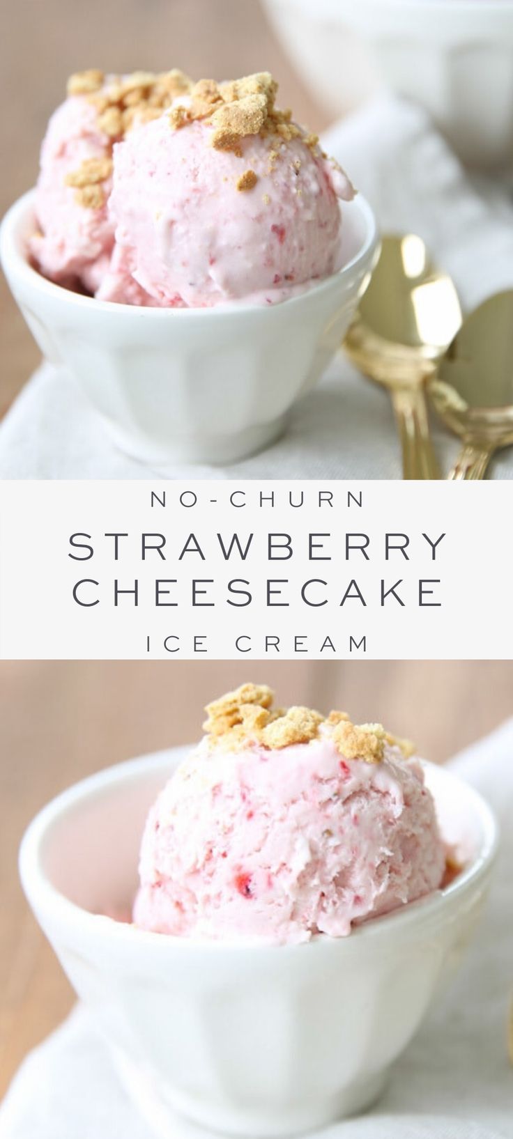 no churn strawberry cheesecake ice cream in two white bowls with gold spoons