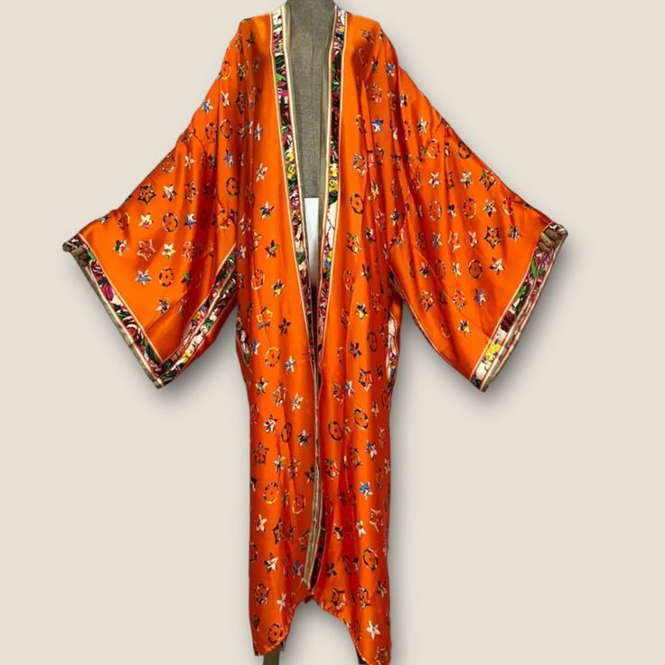 Eugenie' Kimono-Orange - La Luz Boutique Oversized Silk Bohemian Kimono, Spring Silk Long Kimono, Spring Long Silk Kimono, Long Silk Kimono For Spring, Silk Long Kimono For Loungewear, Silk Wrap Kimono, Spring Silk Kimono With Kimono Sleeves, Silk Kimono For Fall, Traditional Shawl Kimono For Summer