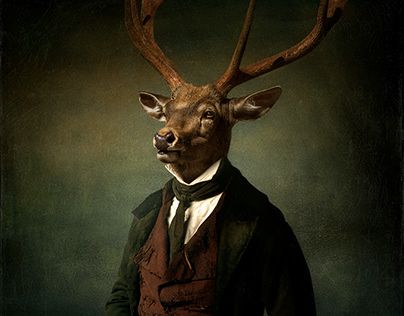 a deer wearing a suit and tie with antlers on it's head, standing in front of a green background