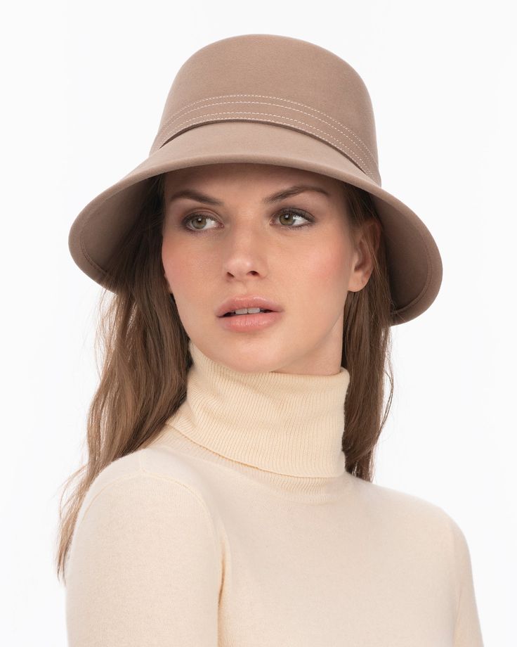 ANNA TAUPE ERIC JAVITS Classic Cloche Hat With Curved Brim For Fall, Classic Cloche Hat For Fall, Classic Fall Cloche Hat With Curved Brim, Beige Cloche Hat With Curved Brim For Fall, Classic Wool Cloche Hat With Curved Brim, Classic Solid Cloche Hat For Fall, Classic Beige Cloche Hat With Flat Brim, Fall Cloche Hat With Short Brim In Fur Felt, Classic Fall Cloche Hat