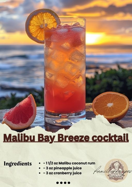 an advertisement for the malbu bay breeze cocktail