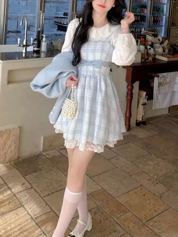 soft softcore aesthetic pastel blue white korean outfit inspo fashion style clothes streetwear coquette dollette checkered dress spring Korean Soft Girl Outfit, Cute Pastel Outfits, Pastel Blue Dress, Soft Girl Outfits, Style Kawaii, Pastel Outfit, Kawaii Dress, Kawaii Fashion Outfits, Really Cute Outfits