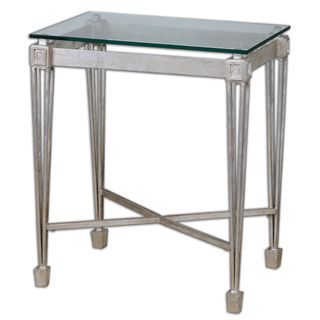 a glass and metal end table with wheels