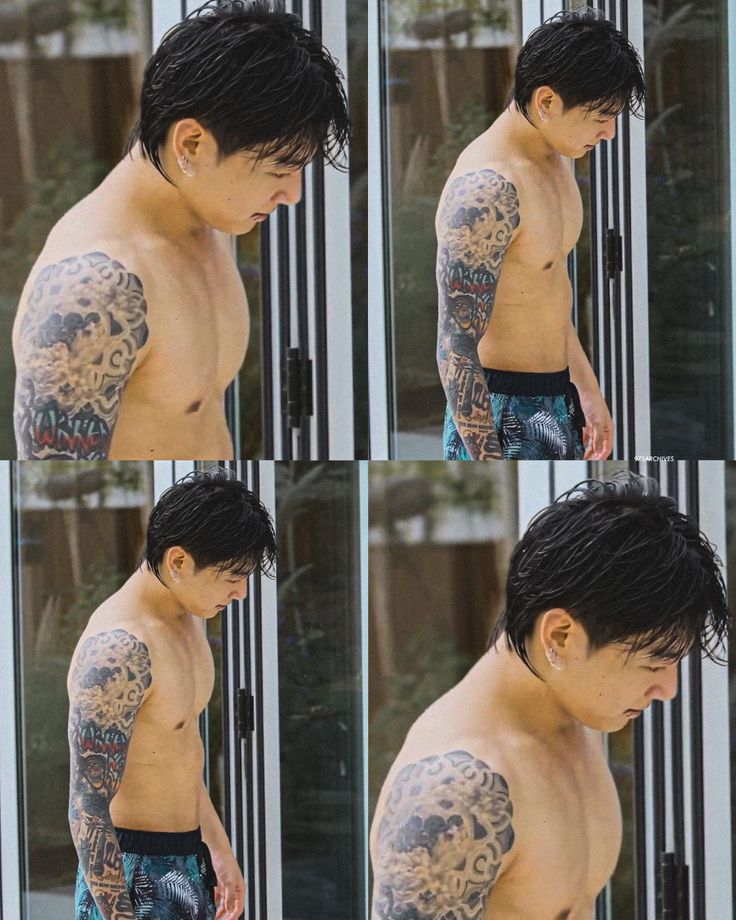 multiple shots of a man with tattoos on his arm and shoulder, looking down at the ground