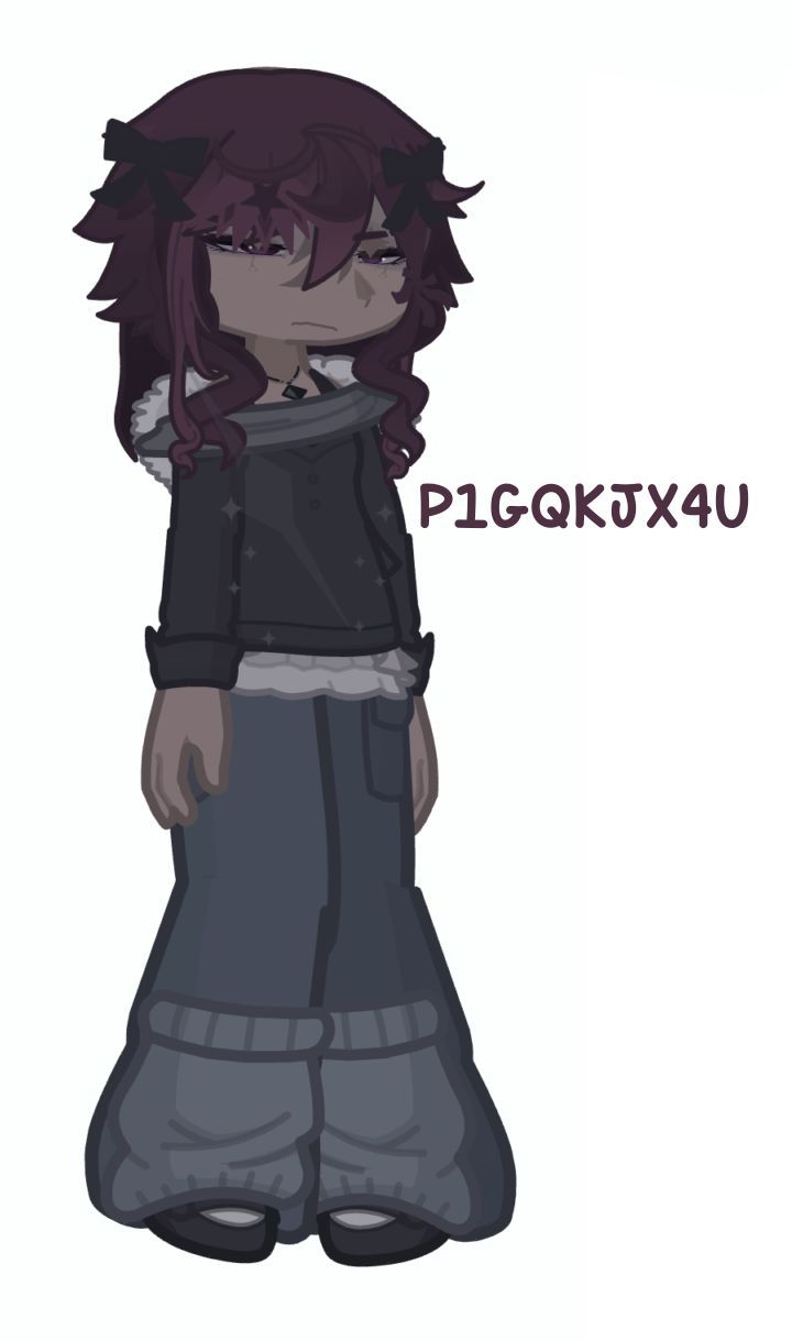 an anime character with purple hair and black pants, standing in front of a white background