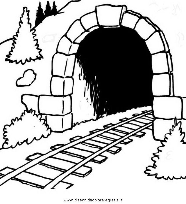 a black and white drawing of a train coming out of a tunnel with trees on the side