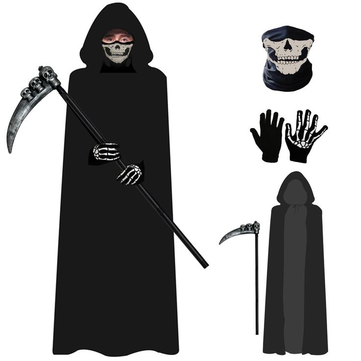 a person in a black robe and skeleton hands