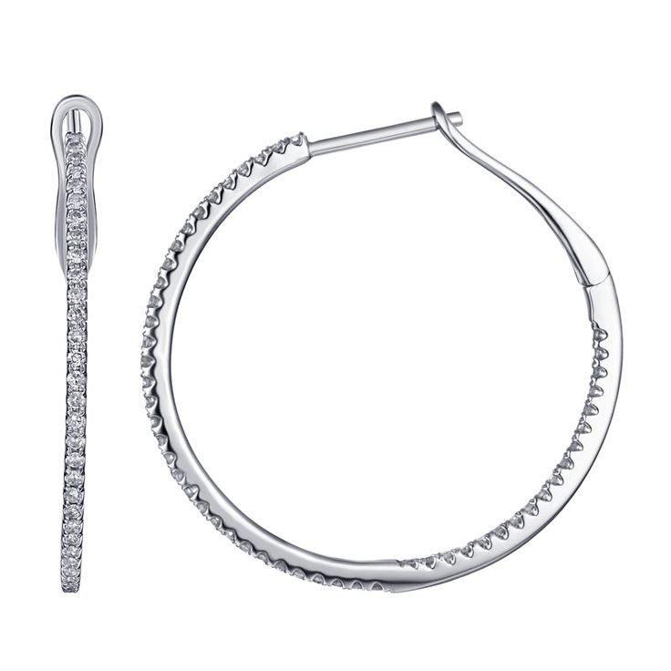 Expertly crafted with 14K gold, these Inside-Out Diamond Hoop Earrings come in 3 sizes (27mm, 34mm, and 40mm) for a perfect fit. The diamonds are placed inside and outside the hoop, providing added sparkle and elegance to any outfit. Elevate your style with these luxurious earrings. Item Information Metal: 14k Gold Weight: 27mm - 2.90g 34mm - 4.25g 40mm - 5.30g Total Carat Weight: 27mm - 0.34 34mm - 0.55 40mm - 0.60 Modern Hoop Jewelry With Pave Setting, Everyday Luxury Hoop Earrings With Prong Setting, Modern Small Hoop Earrings With Diamond Accents, Diamond Hoop Earrings Channel Set, Modern Round Hoop Earrings With Pave Setting, Everyday Luxury Designer Hoop Jewelry With Pave Setting, Brilliant Cut Hoop Earrings, Modern Hoop Diamond Earrings With Accents, Modern Brilliant Cut Hoop Diamond Earrings