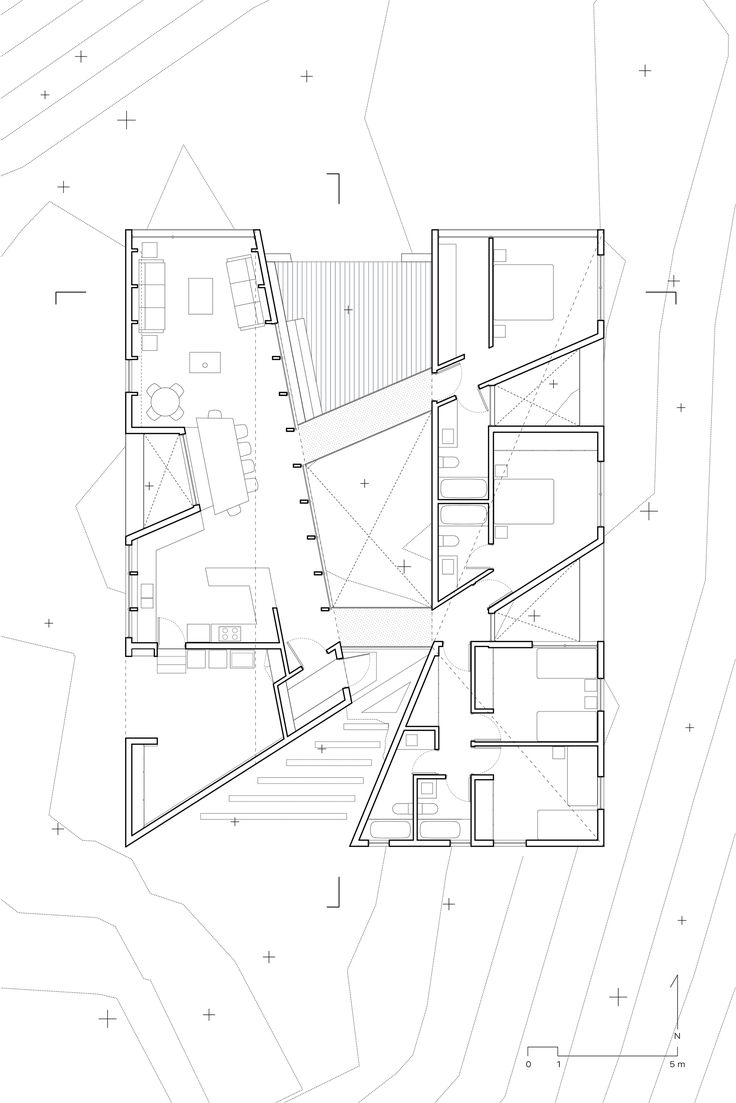 a drawing of a house that is in the middle of a floor plan with several rooms and