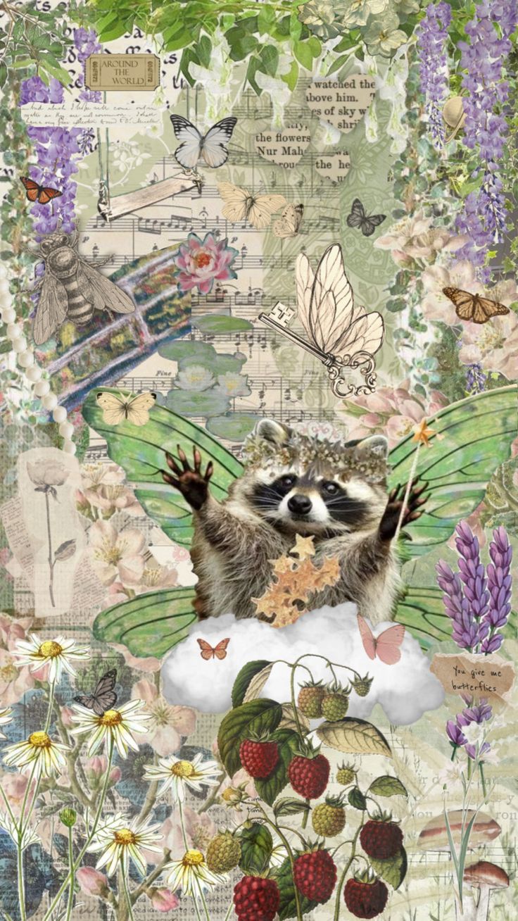 a raccoon sitting on top of a cloud surrounded by flowers and butterflies