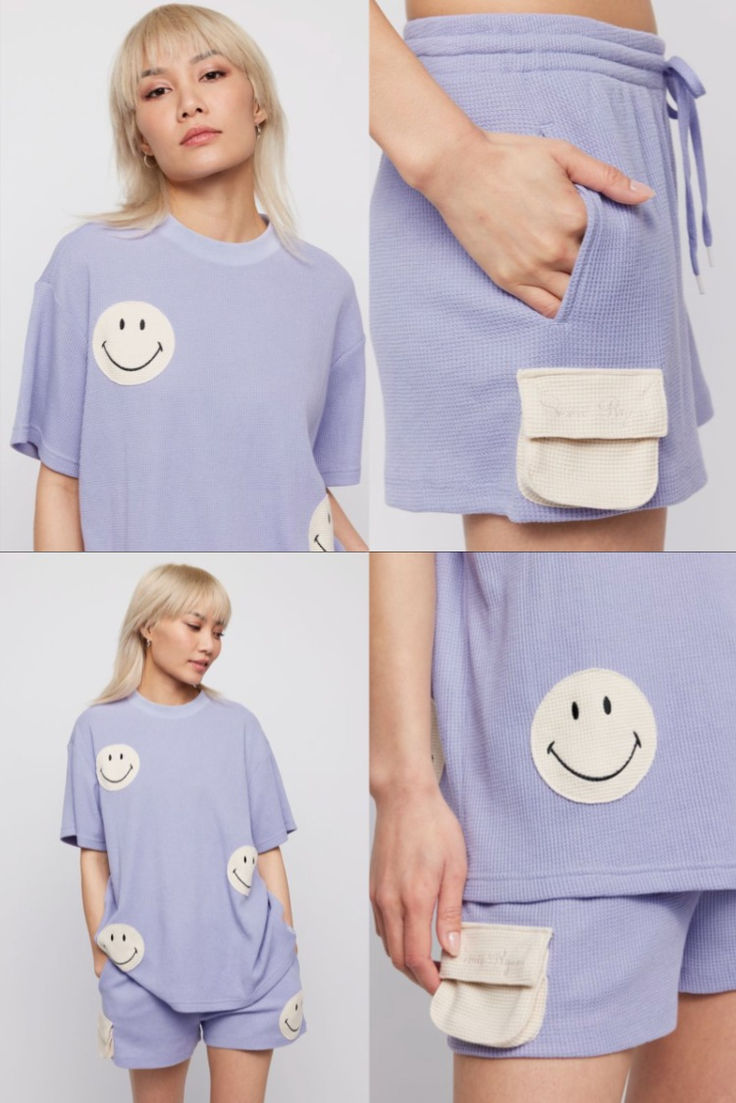 Samii Ryan purple thermal set Oversized Tee And Shorts, Smiley Happy, Just Be Happy, Triangle Bra, Oversized Tee, Summer 2024, Be Happy, Summer Collection, Smiley