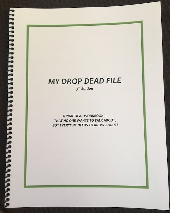 an open book with the words my drop dead file written in green and white on it