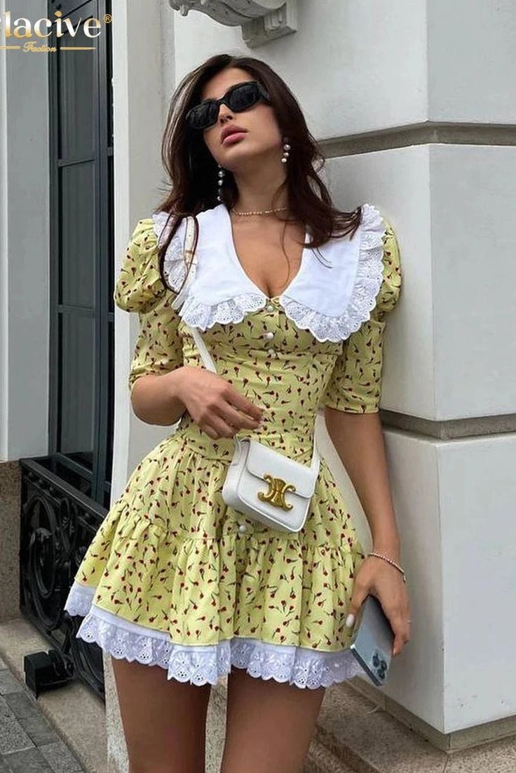 43642122010668|43642122043436|43642122076204 Floral Print Short Dress, Short Sleeve Floral Dress, Vintage Mini Dresses, Elegant Party Dresses, Dress Women Elegant, Lace Material, Edgy Style, Womens Floral Dress, Elegant Party