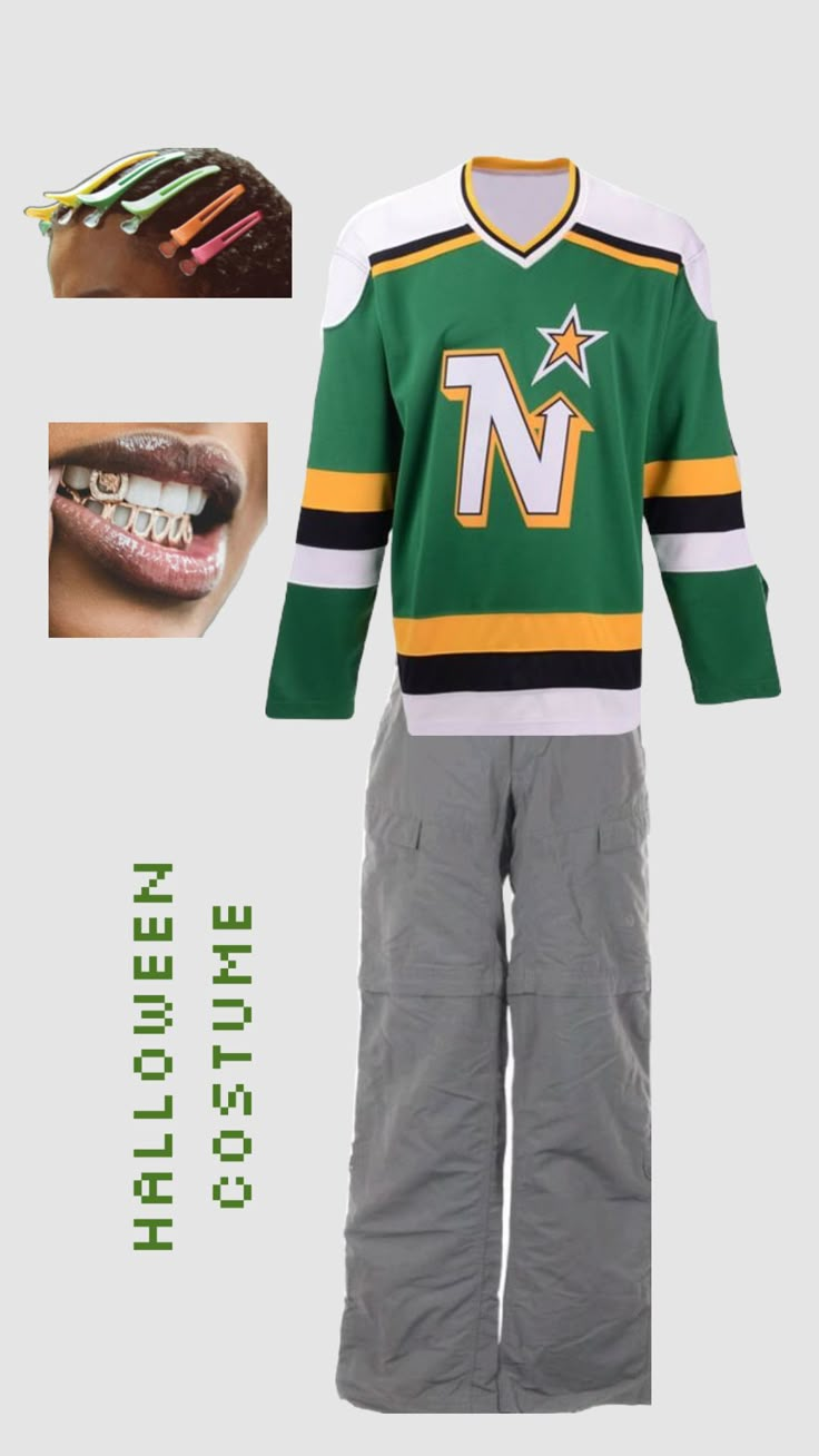 an ice hockey uniform with teeth and braces on it, next to the image of a woman's mouth