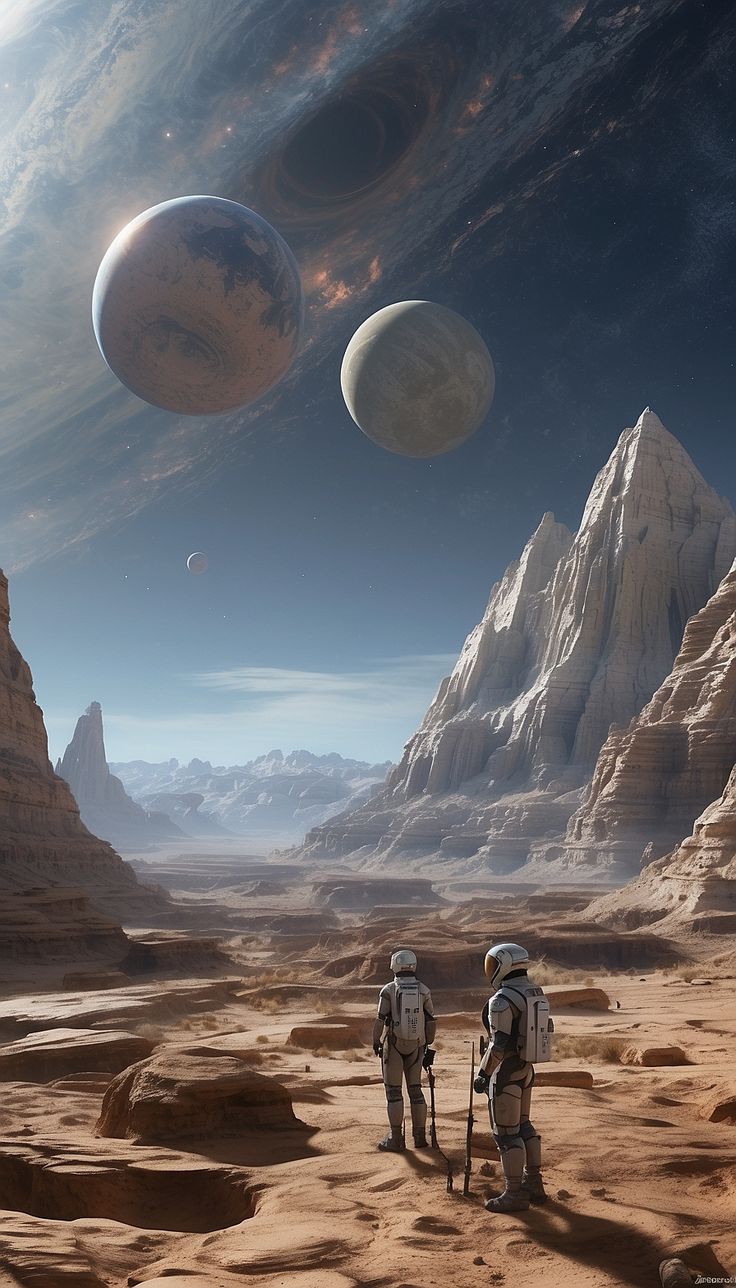 two astronauts are walking through the desert towards planets