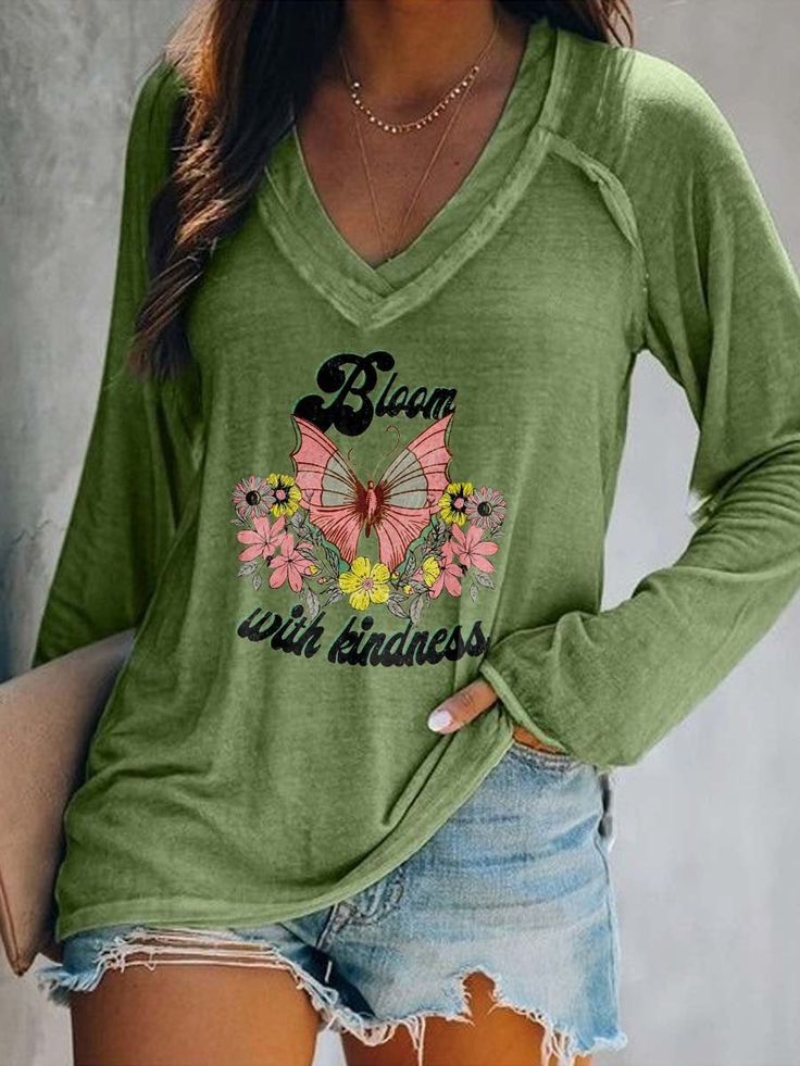 Women S Bloom With Kindness Long Sleeve Tee Easy 30 day return policy Comfortable Clothes For Women, Look Boho Chic, Comfortable Clothes, Sleeves Clothing, Mori Girl, Maui Hawaii, V Neck Blouse, Basic Tops, Long Sleeve Casual