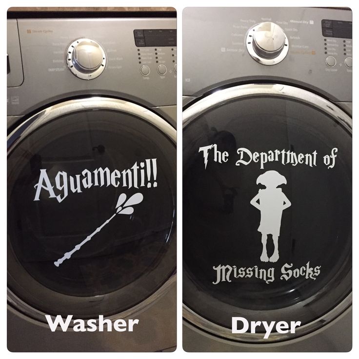 two washing machines side by side with stickers on them