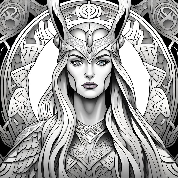 a drawing of a woman with horns and wings on her head, surrounded by celtic symbols