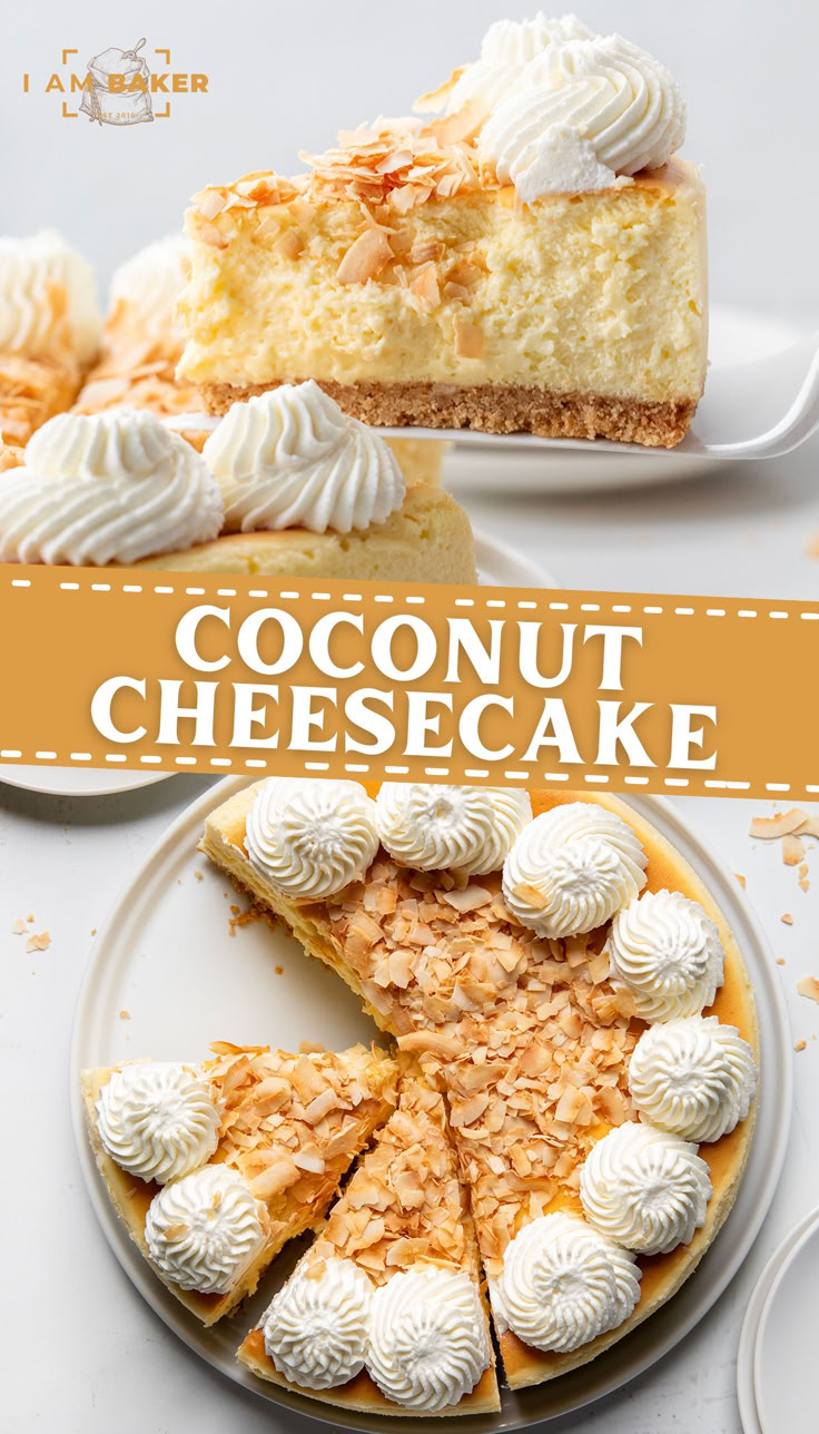 two plates with slices of coconut cheesecake on them and the title reads, coconut cheesecake