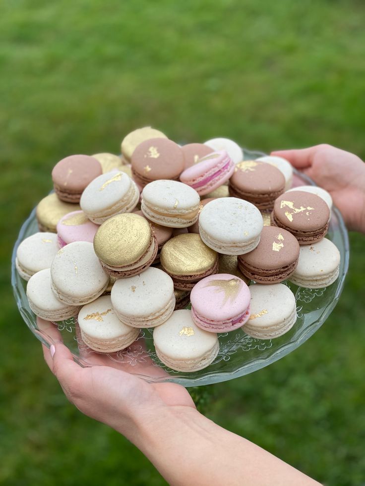 a person holding a glass bowl filled with macaroons on top of green grass