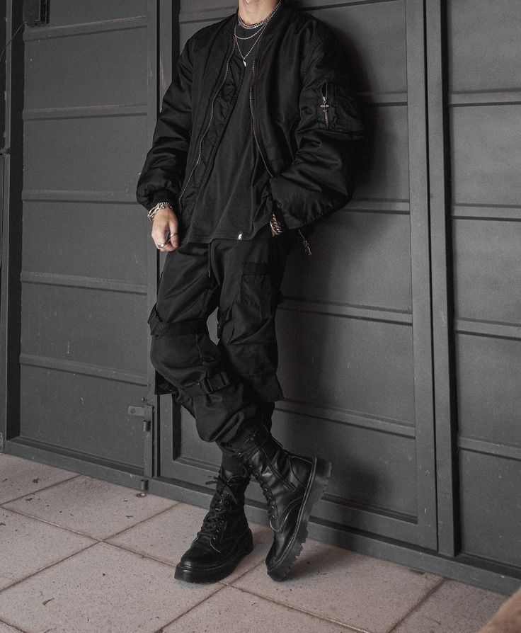 Techwear, Streetwear, Bomber Jacket, Jacket, Cargo Pants, Tech Pants, Emo, Black, Dark, Outfit, Black Outfit, All Black Outfit, Future, Futuristic, Darkwear, Cyberpunk, Chains, Eboy, Anime Boy, Kpop, Fashion, Streetstyle, Techno, Aesthetic, Photography, Urban, Urban Style, Boots, Combat Boots, cyberpunk edgerunners, edgerunners Tech Wear Street Style, Techwear Pants Outfit, Warcore Men Outfits, Mens Techwear Aesthetic, Mens Black Jean Jacket, Men Dark Style, Men Outfits Techwear, Combat Fashion Mens, Biker Man Outfit