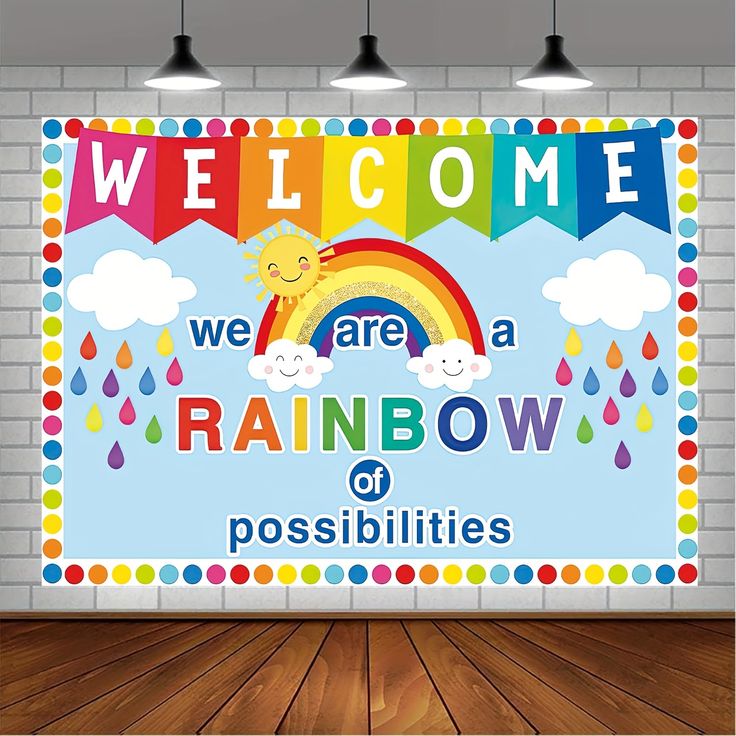 a welcome sign with rainbows and clouds on the wall in front of a brick wall