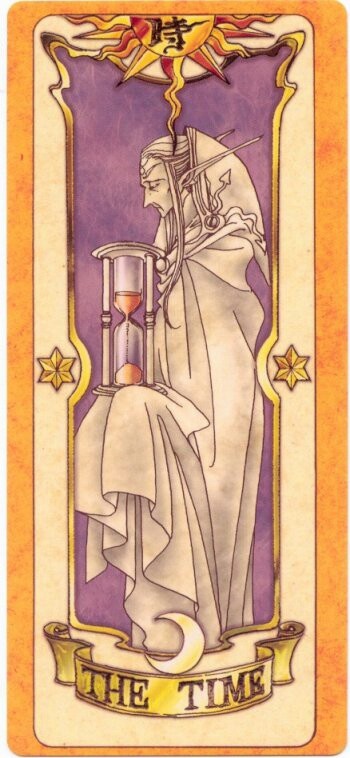 a tarot card with an image of the virgin mary holding a hourglass in her hand