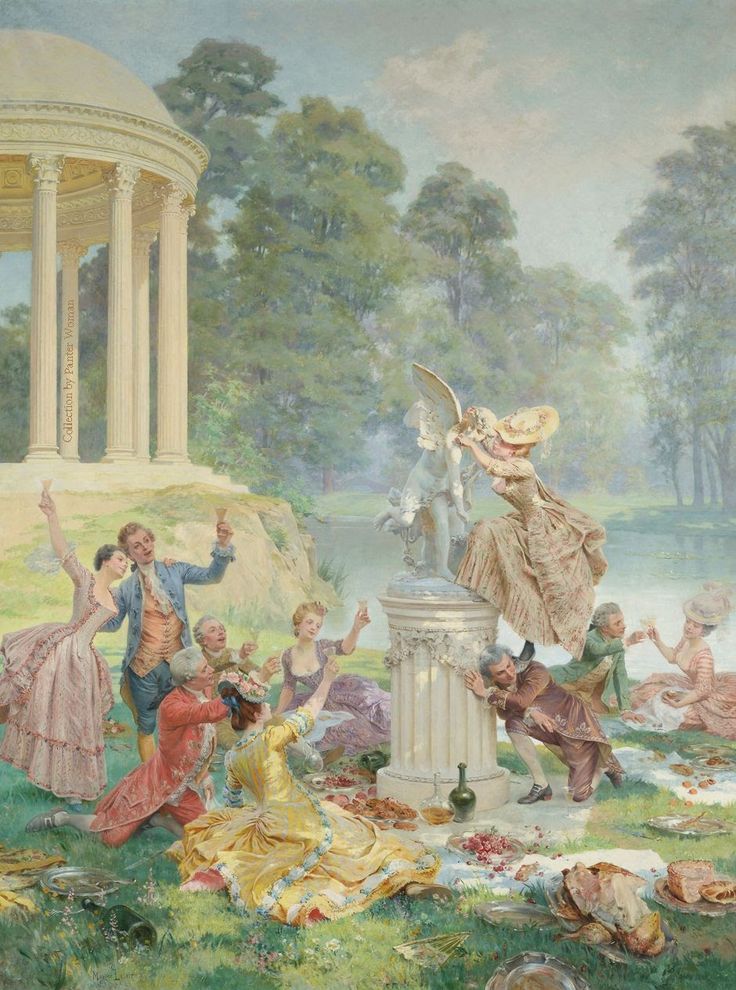 an image of a painting of people in the park with one woman dancing and others sitting on the grass