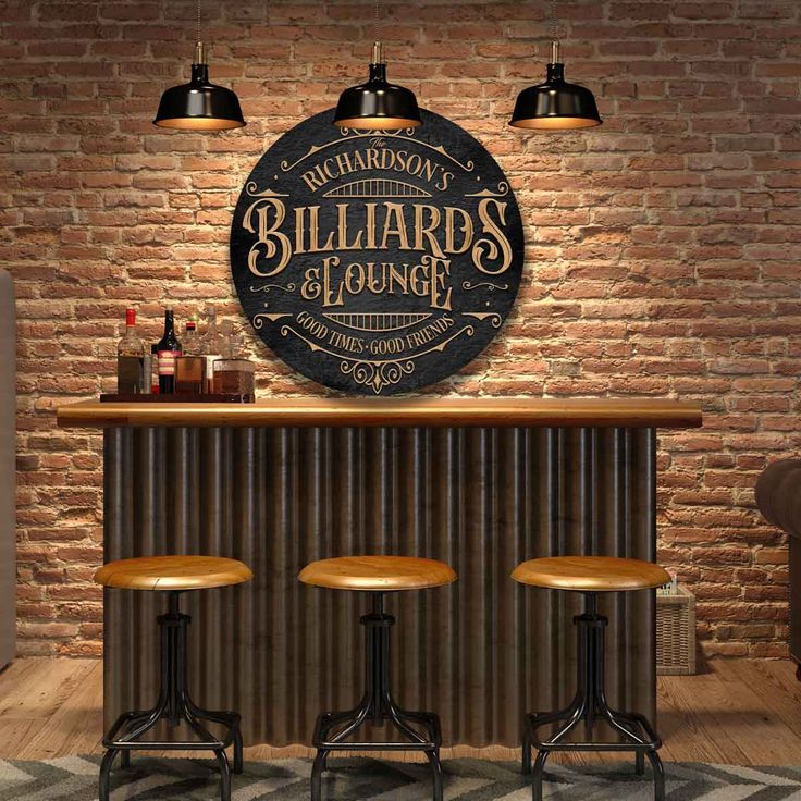 three stools in front of a brick wall with a sign that says billiard's lounge