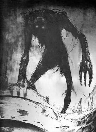 a black and white drawing of a giant monster