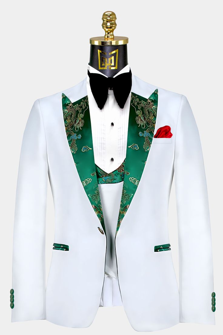 White And Green Tuxedo, Groom Wedding Shoes, Tuxedo Prom, Costume Masquerade, Green Tuxedo, Green Outfits, Classy Suits, Canvas Pants, White Tuxedo