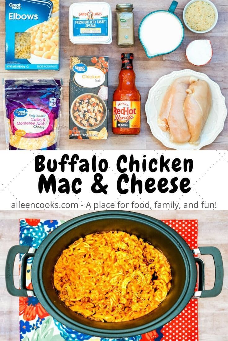 the ingredients for buffalo chicken macaroni and cheese are shown in this collage